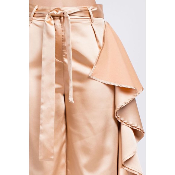 Women's Casual Tie Front Silky Side Ruffle Culottes Wide Leg Pants - Picture 10 of 10